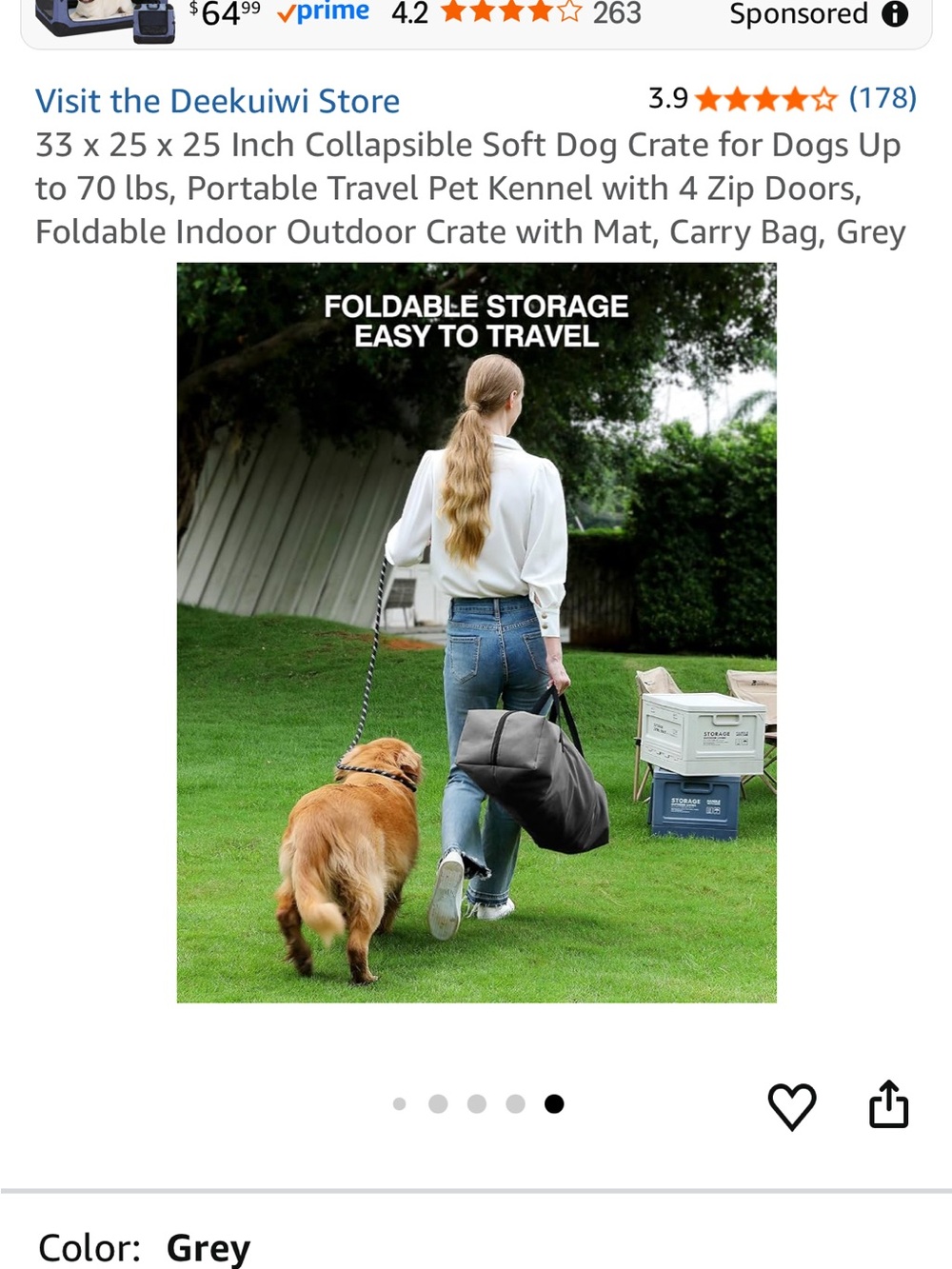 33” Collapsible Soft Dog Crate - Grey Portable Pet Kennel XL - Picture 8 of 11